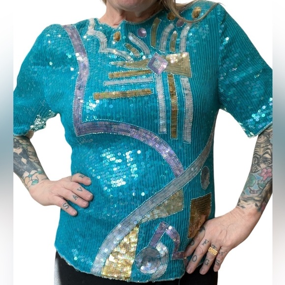 Pantagis Aqua abstract Vintage 70s/80s beaded silk sequin blouse-XL - Picture 1 of 9